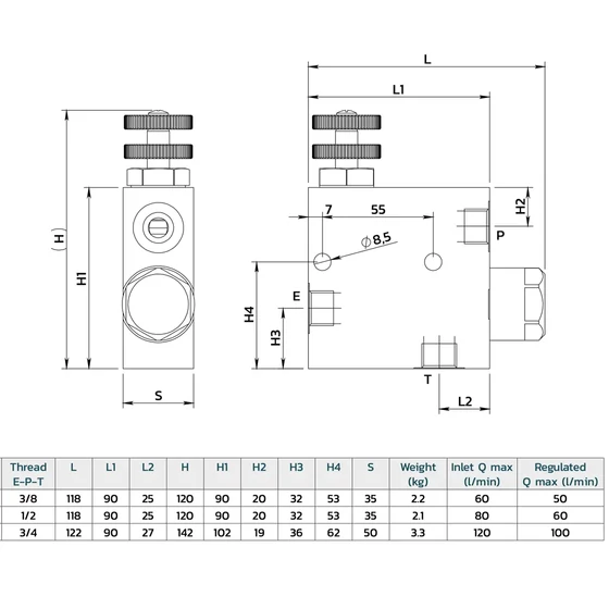 Picture 3/3 -3 way pressure compensated flow control valve - 1/2" - 80/60 l/min